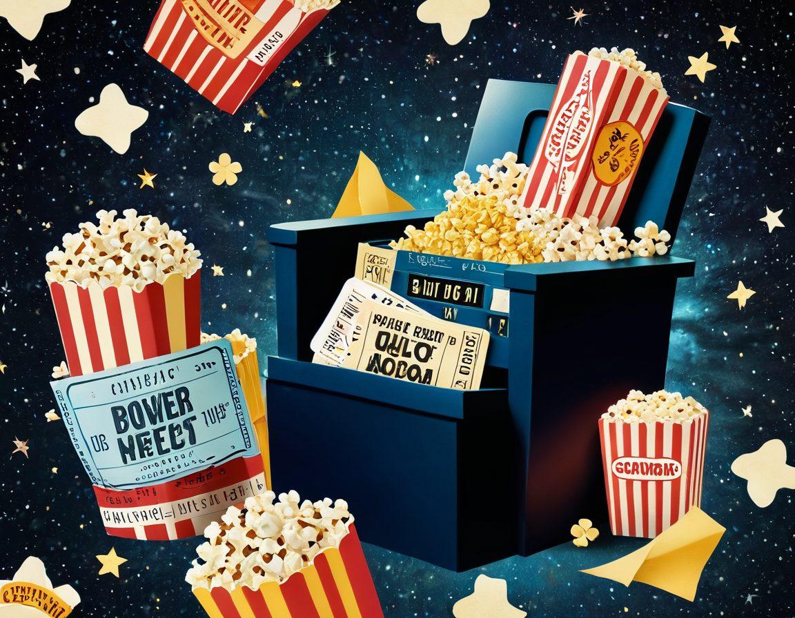 A cinematic collage showcasing a vibrant mix of iconic blockbuster scenes blending seamlessly with charming moments from lesser-known films. Include film reels, popcorn, and a vintage movie ticket to evoke nostalgia, while spotlighting a film director's chair. The background should be a starry night sky, symbolizing the vast universe of cinema. super-realistic. vibrant colors. cinematic style.